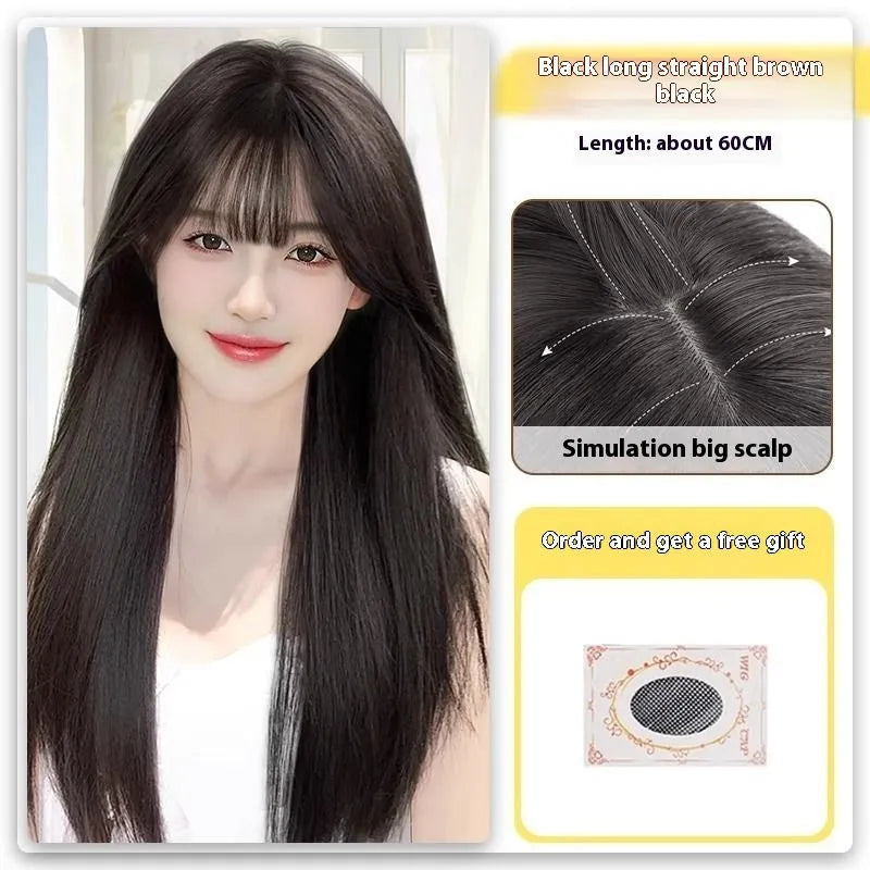 Forehead lace long straight black wig with side bangs in high temperature fibre material