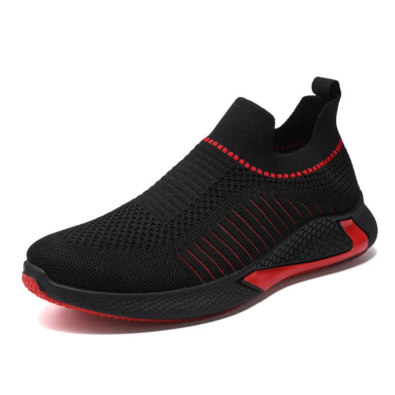 Men's black and white striped mesh sock shoes with lace-up front on a white background
