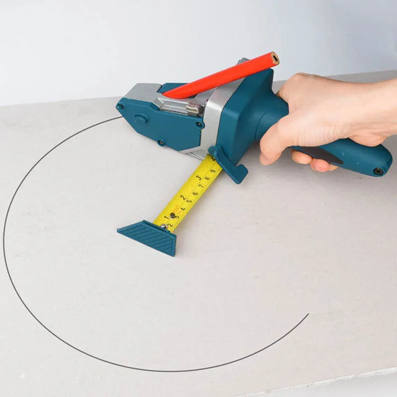 Blue multifunctional woodworking cutter with aluminum alloy frame, TPR handle, and integrated tape measure.