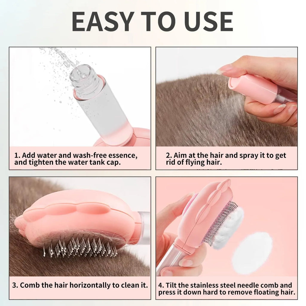 Grey spray function pet brush with stainless steel bristles and a self-cleaning button on the handle.