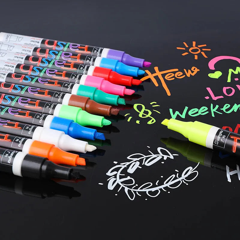 Electronic fluorescent plate highlighter pen with 6mm oblique tip and 8-colour refill set for whiteboards