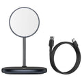Black Swan magnetic desktop wireless charging stand for Apple iPhone 12 with included Type-C cable.