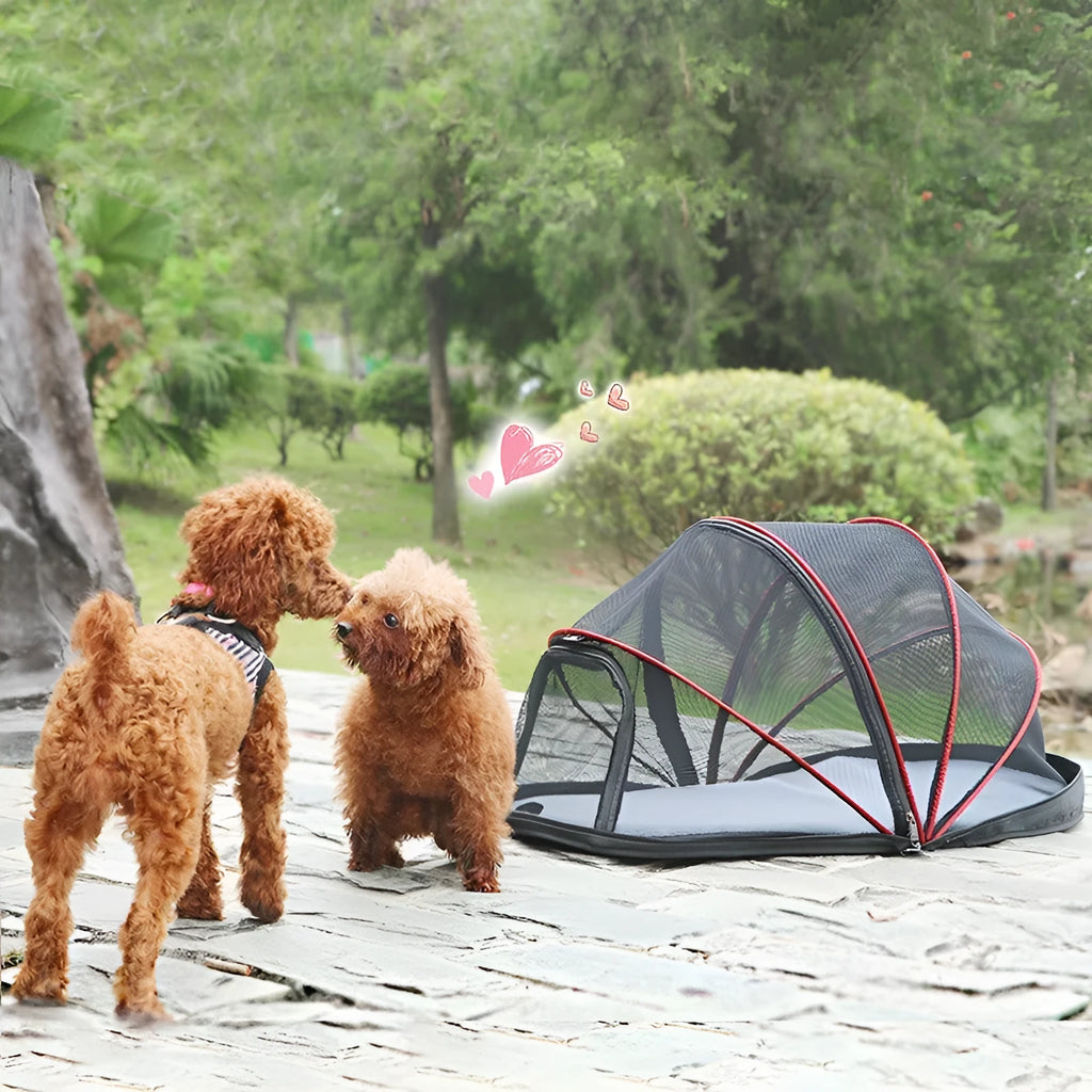 A portable folding cloth tent for cats with half-mesh side panels, shown in blue half-mesh specification.