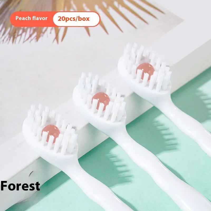 Box of 20 disposable bead toothbrushes with mint, peach, and plum green tea flavour options.