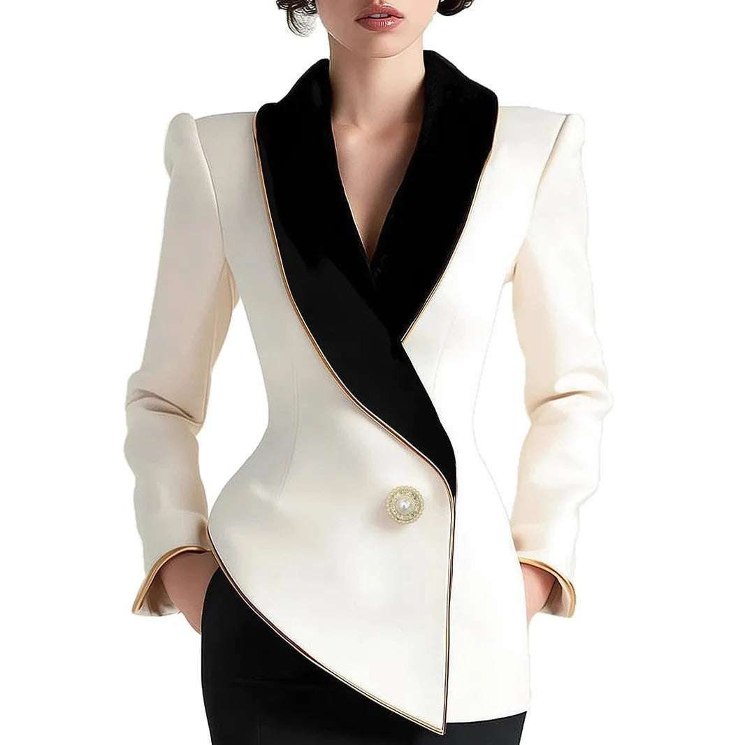Women's milky white irregular cut coat with gold trim and pearl buttons