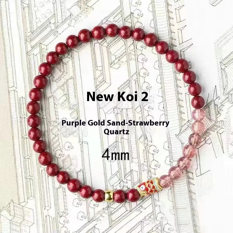 Purple cinnabar and strawberry quartz beaded bracelet with lucky beads and peach blossom motifs