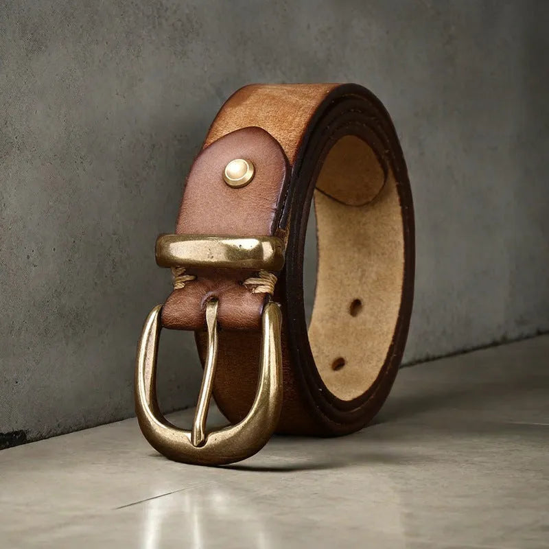 Men's casual belt in first layer cattlehide leather with copper pin buckle in black, brown, or khaki.