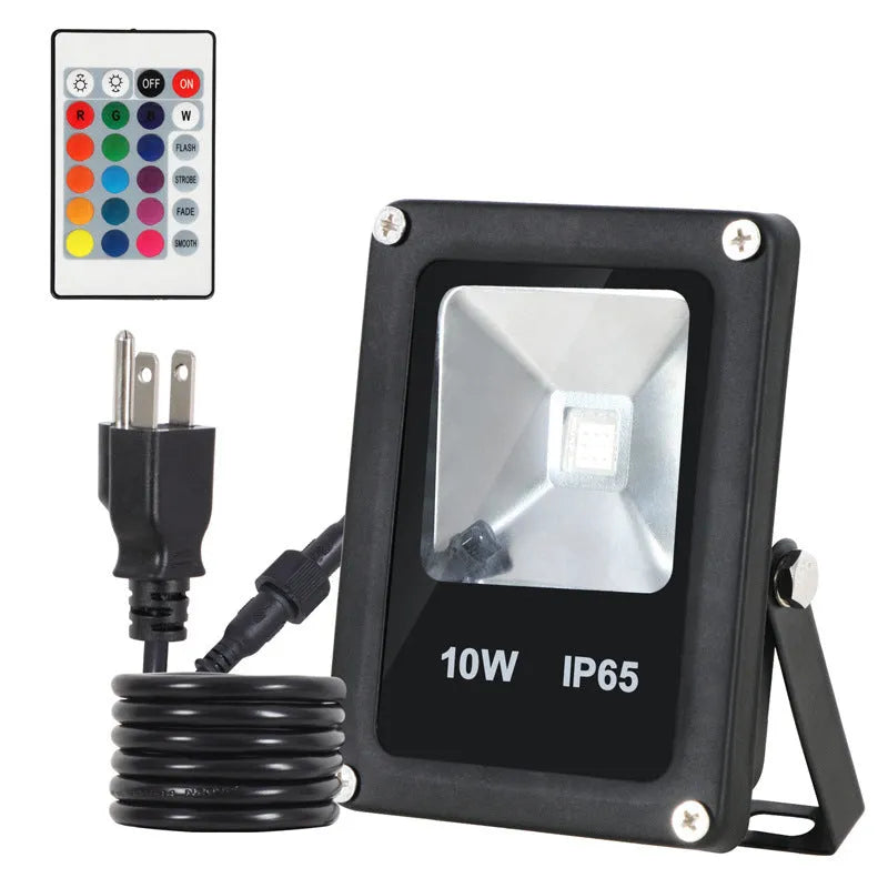 Black aluminum RGB LED flood light with IP65 rating for outdoor advertising and building lighting.