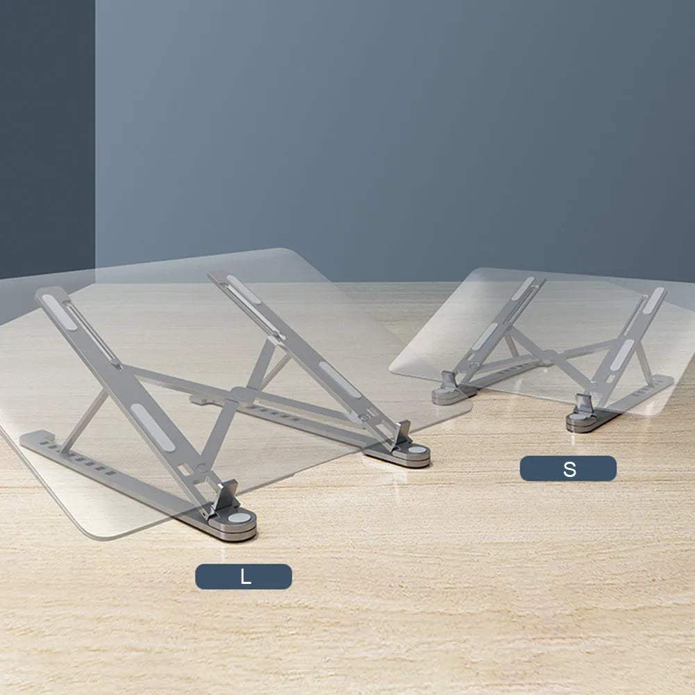 Foldable aluminium laptop stand in silver, shown open in use and closed for storage.