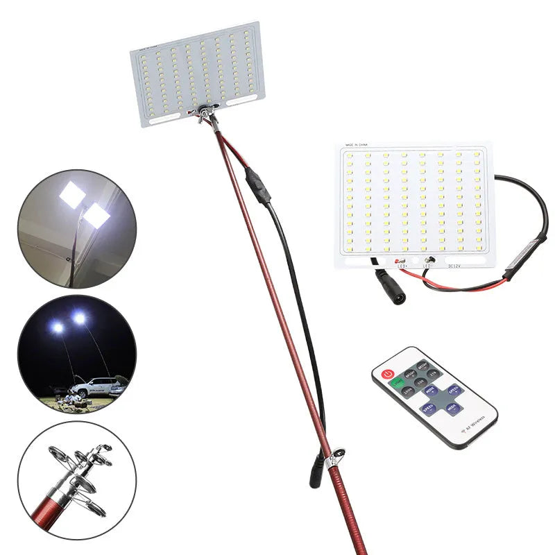 White LED fishing rod light with telescopic pole extended, showing remote control