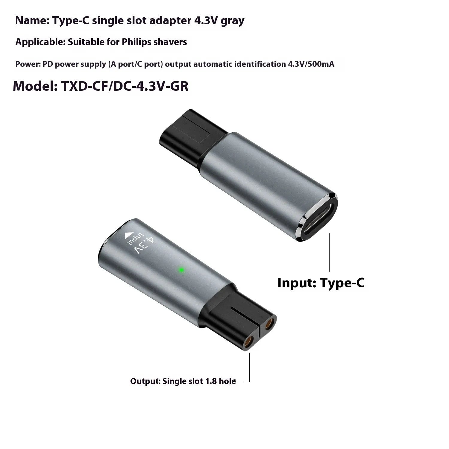 Black or grey USB-C charging adapter for electric shavers with 4.3V 8W output