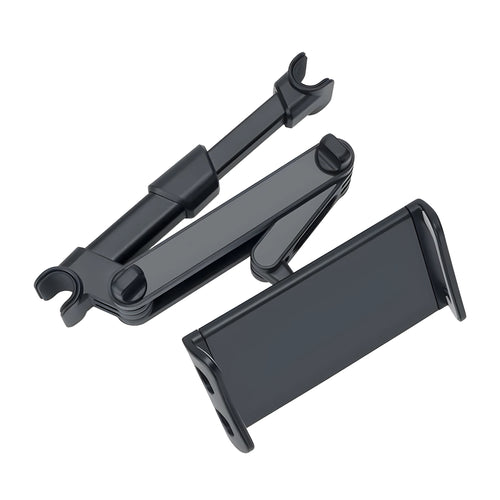 Black car phone holder mounted on vehicle rear seat base with tablet device secured in place