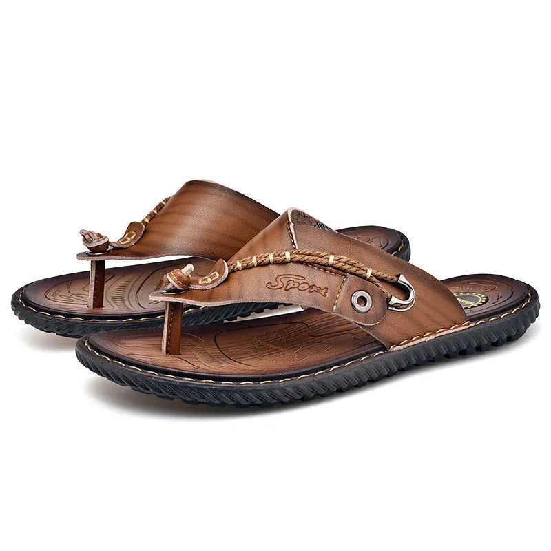 Men's non-slip lightweight slippers in PU leather, shown in black, blue, khaki, and light brown colours.