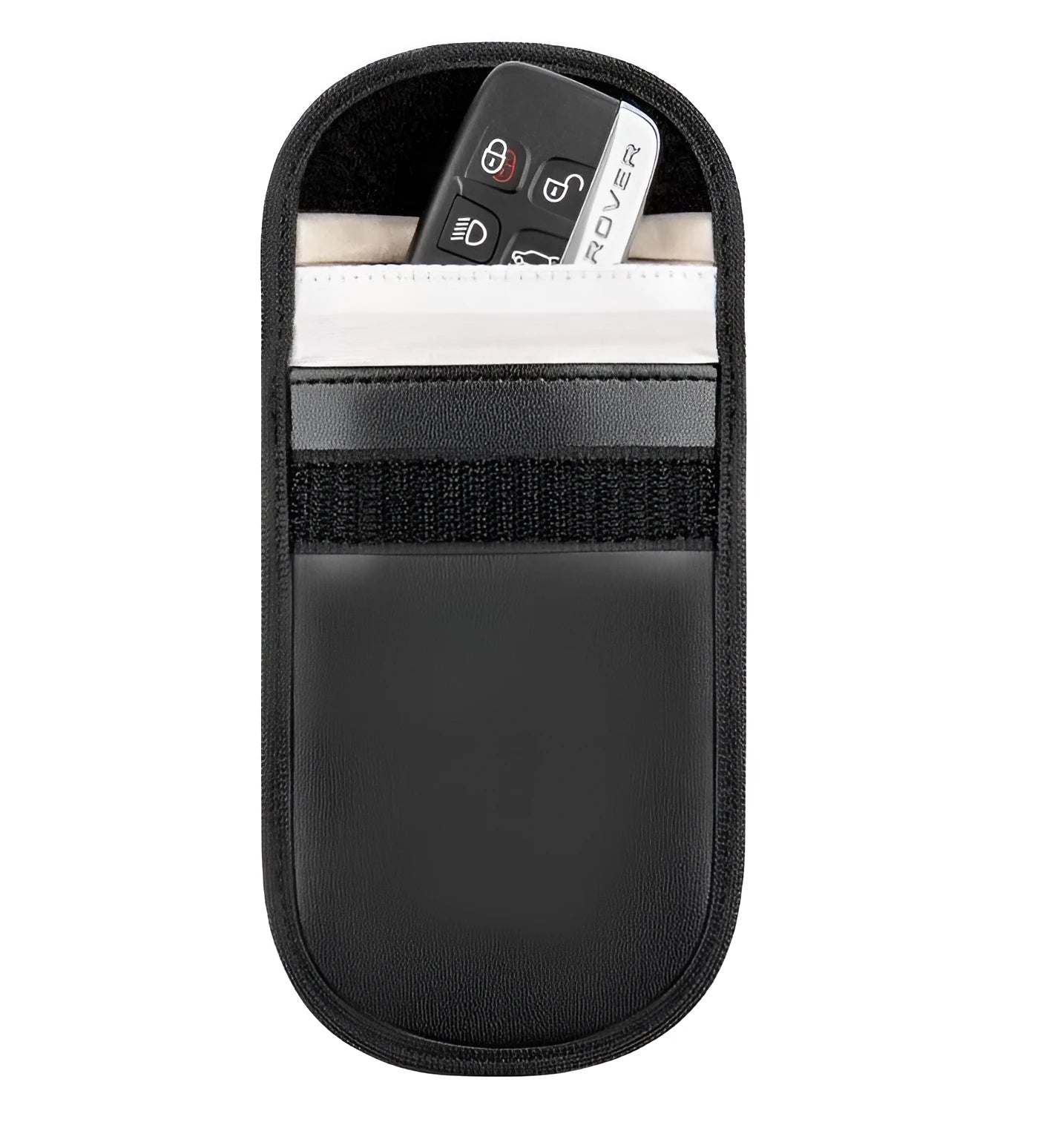 Black microfiber Faraday cage pouch for blocking car key and phone signals, sized 13.5 by 9.5 centimetres.