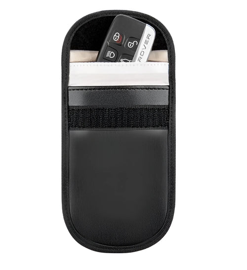 Black microfiber Faraday cage pouch for blocking car key and phone signals, sized 13.5 by 9.5 centimetres.