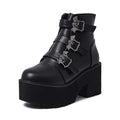 Black women's Harajuku punk gothic short boots with bat buckle, side zipper, thick heel, and round toe.