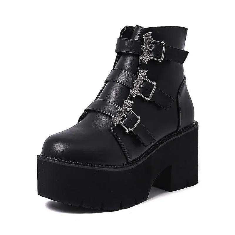 Black women's Harajuku punk gothic short boots with bat buckle, side zipper, thick heel, and round toe.