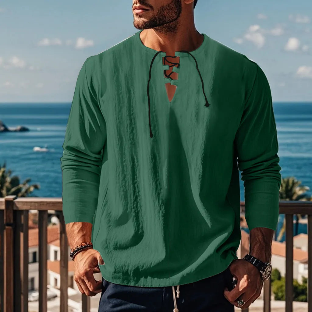 Men's solid colour cotton linen blend beach shirt in loose pullover style shown in army green