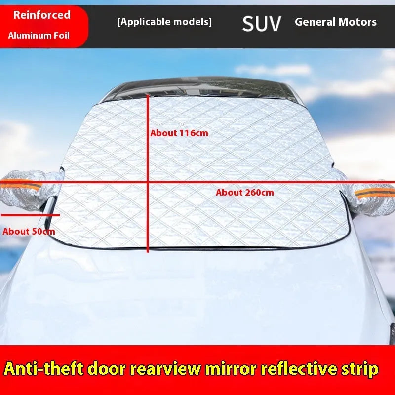 Winter car windshield cover with aluminium foil and reflective stripes for frost protection