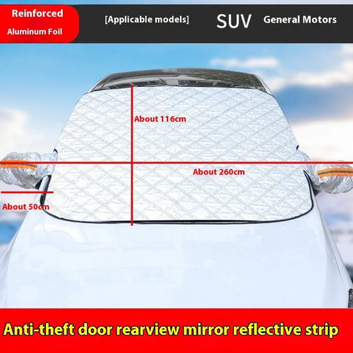 Winter car windshield cover with aluminium foil and reflective stripes for frost protection