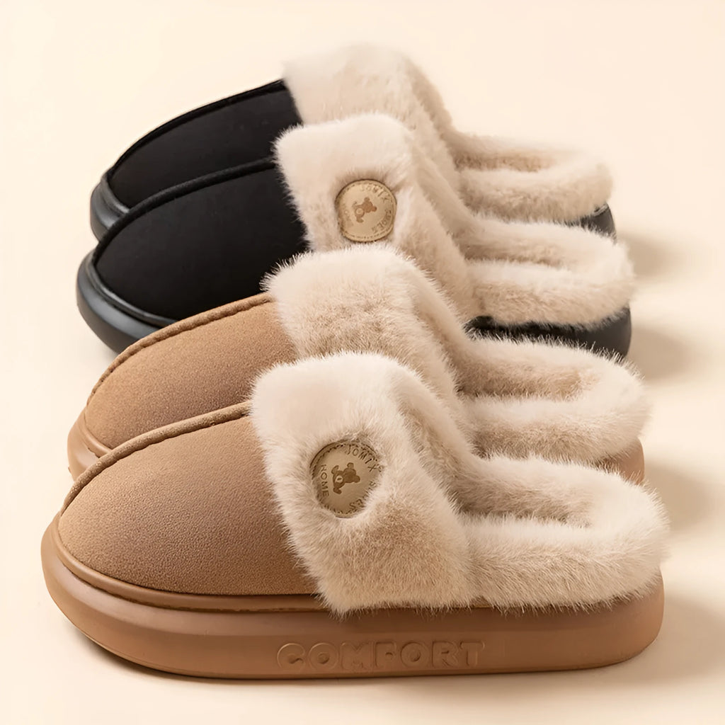 Unisex plush fleece slippers with thick PVC sole in multiple colours