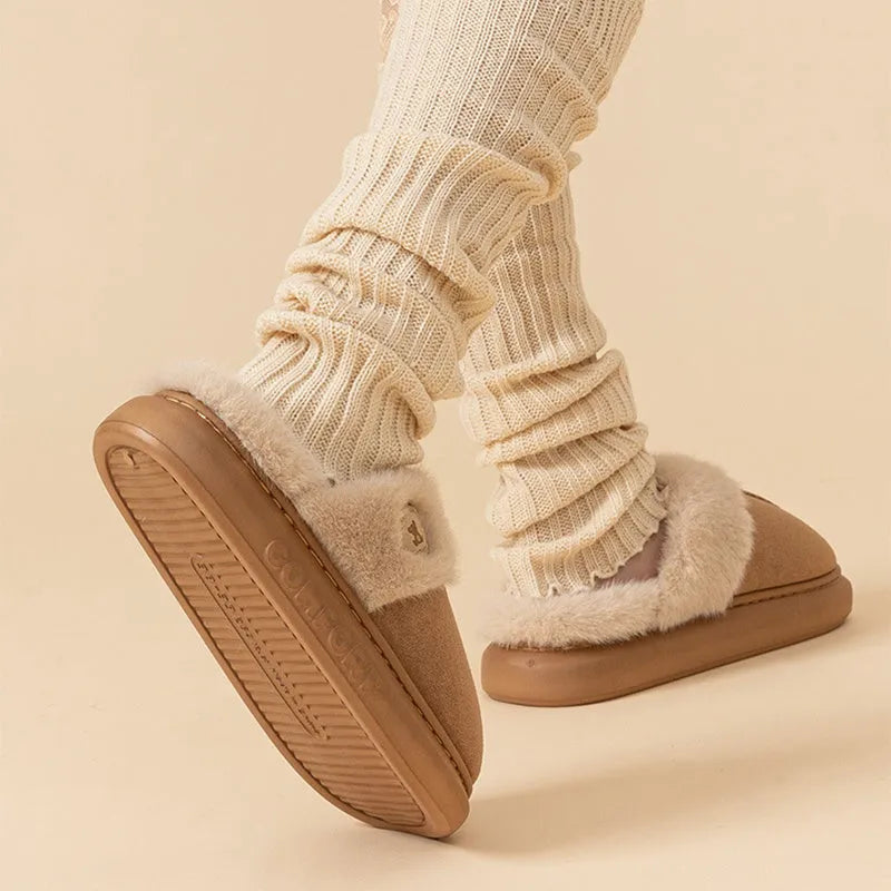 Unisex plush fleece slippers with thick PVC sole in multiple colours