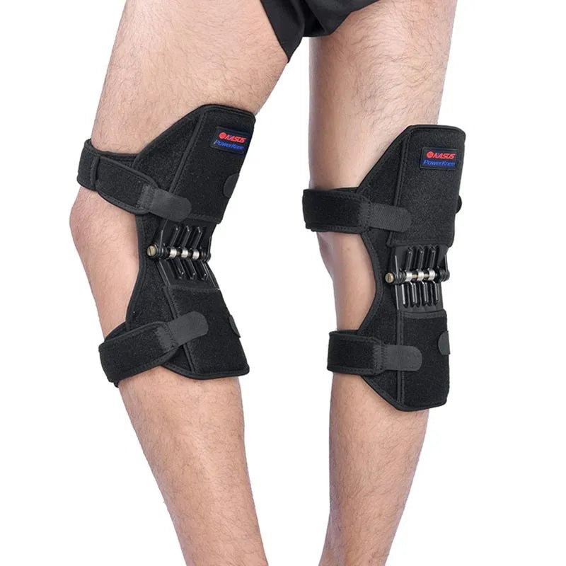 Adjustable spring knee brace support for patella, shown in black colour.