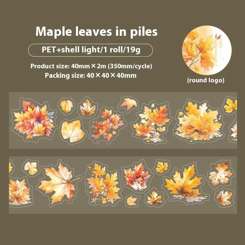 PET decorative sticker roll showing six natural leaf colour variations including ginkgo and maple designs