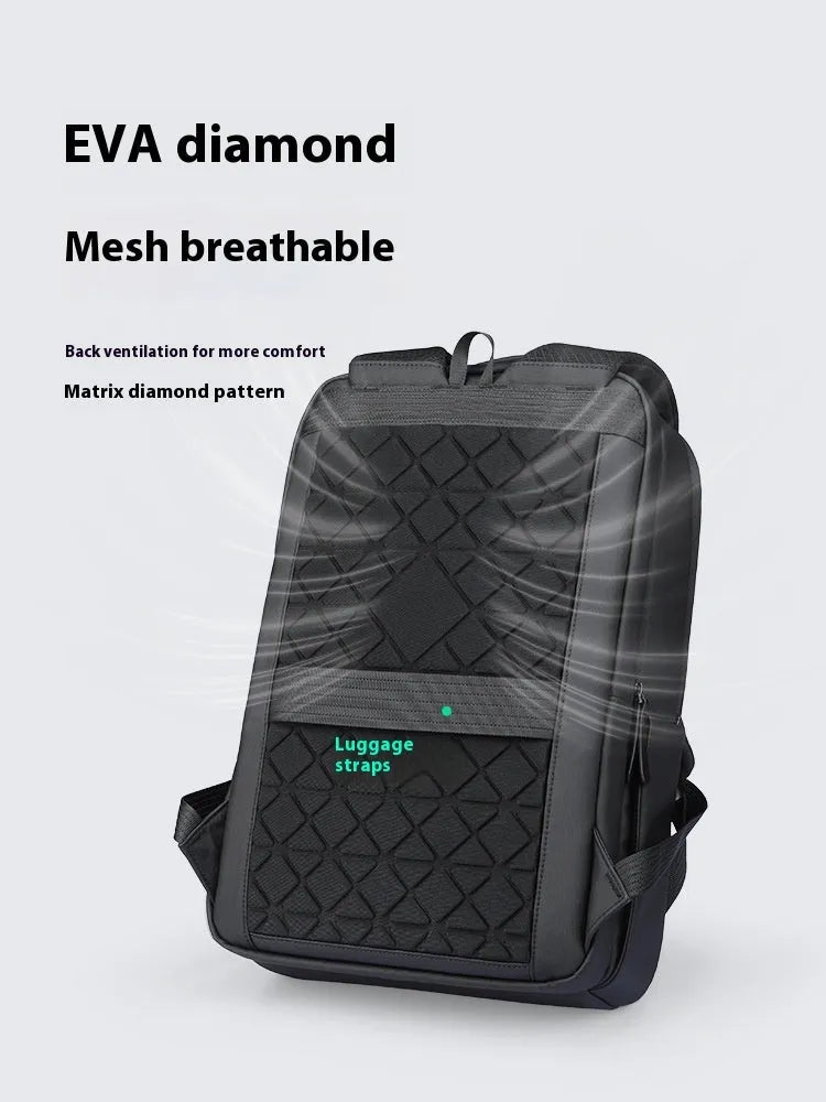 Graphite grey USB charging business backpack with Oxford cloth construction showing external USB port