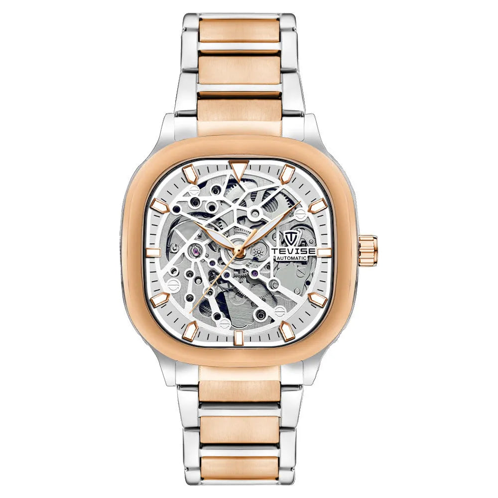 Men's square waterproof automatic watch with luminous hands on a stainless steel strap.