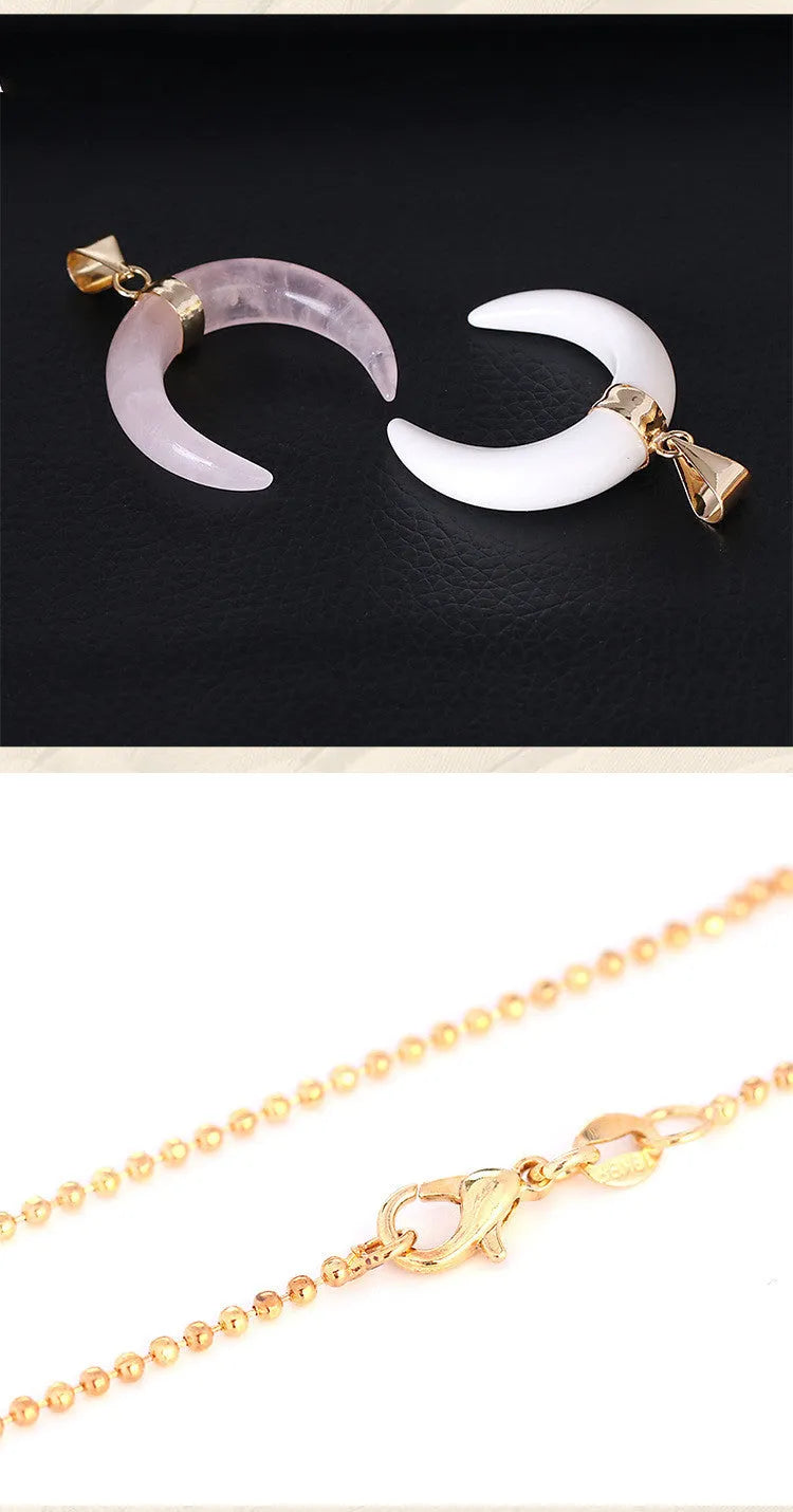 Natural stone moon pendant necklace with copper electroplated chain in pink or purple crystal