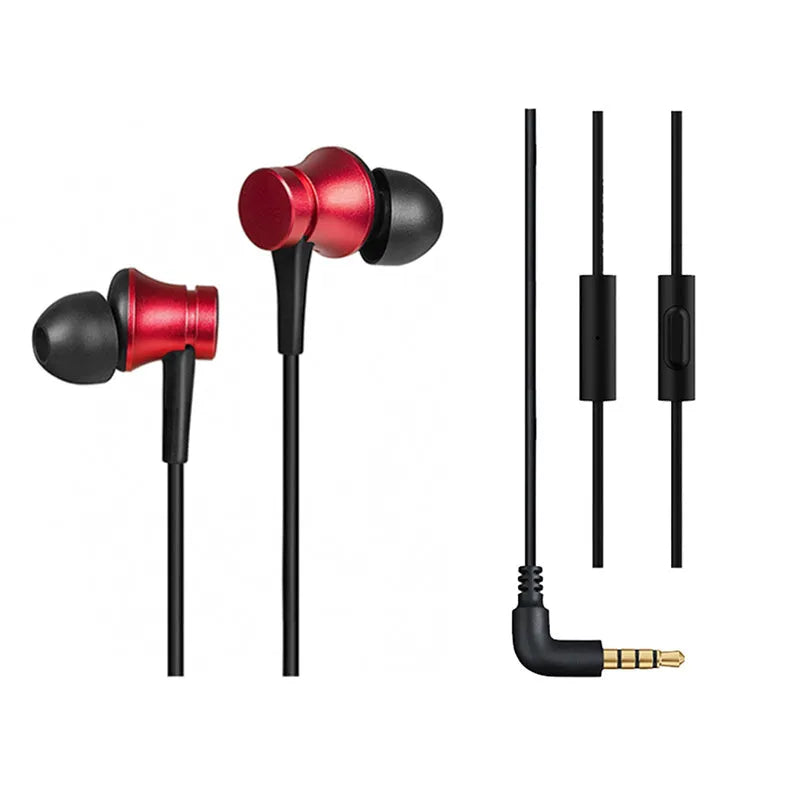 Black, blue and red piston in-ear headphones with 3.5mm wired connection