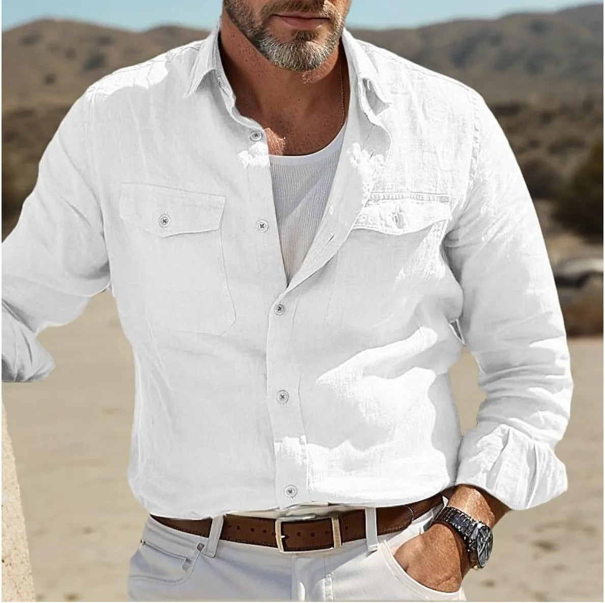 Men's long sleeve cotton linen summer shirt in loose fit available in green, sky blue, khaki and white colours