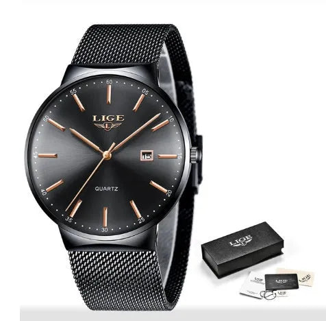 Men's stainless steel watch with a 40mm case shown in black, blue, and two-tone colour options.