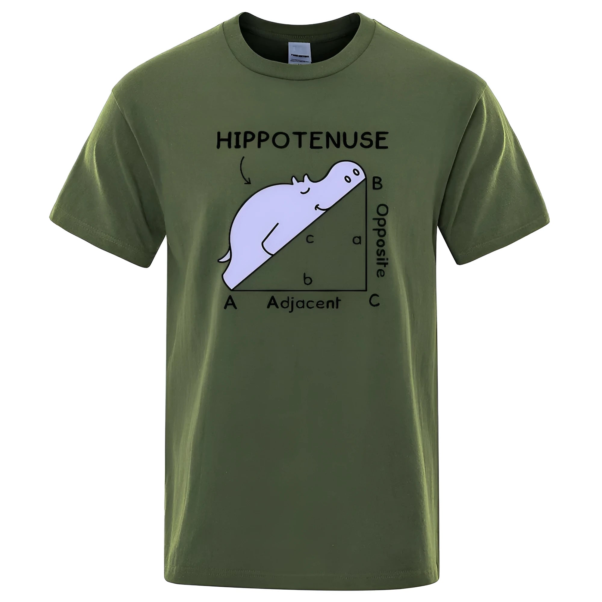 Front view of white cotton t-shirt with black 'Hippotenuse Opposite Adjacent' maths humour print in loose fit style