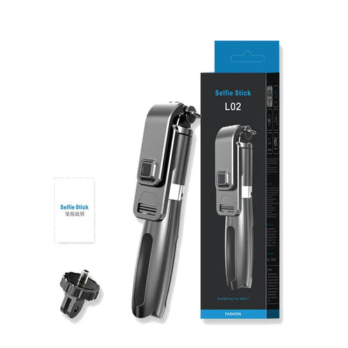 Black and white Bluetooth selfie stick with wireless remote, shown extended next to its compact tripod base.