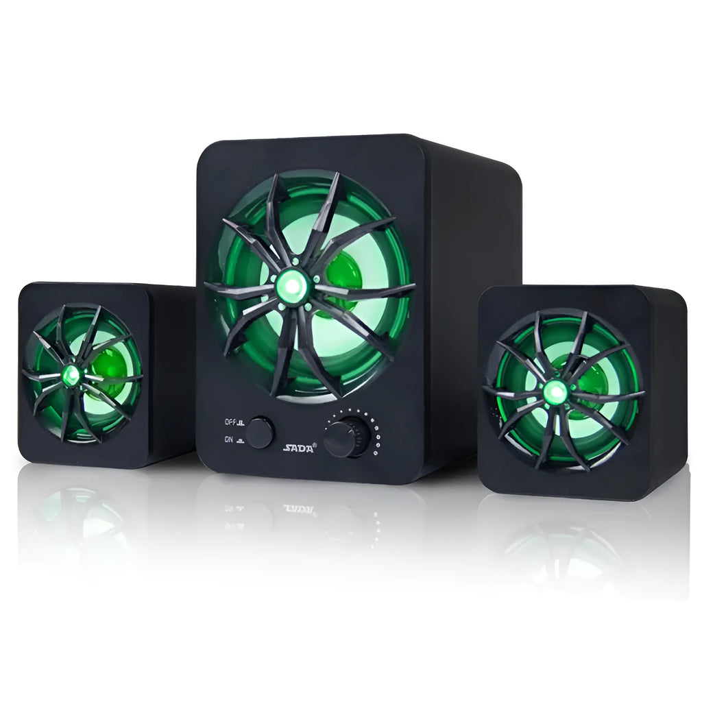Green 2.1 USB computer speaker with colourful LED lights and mini portable design.