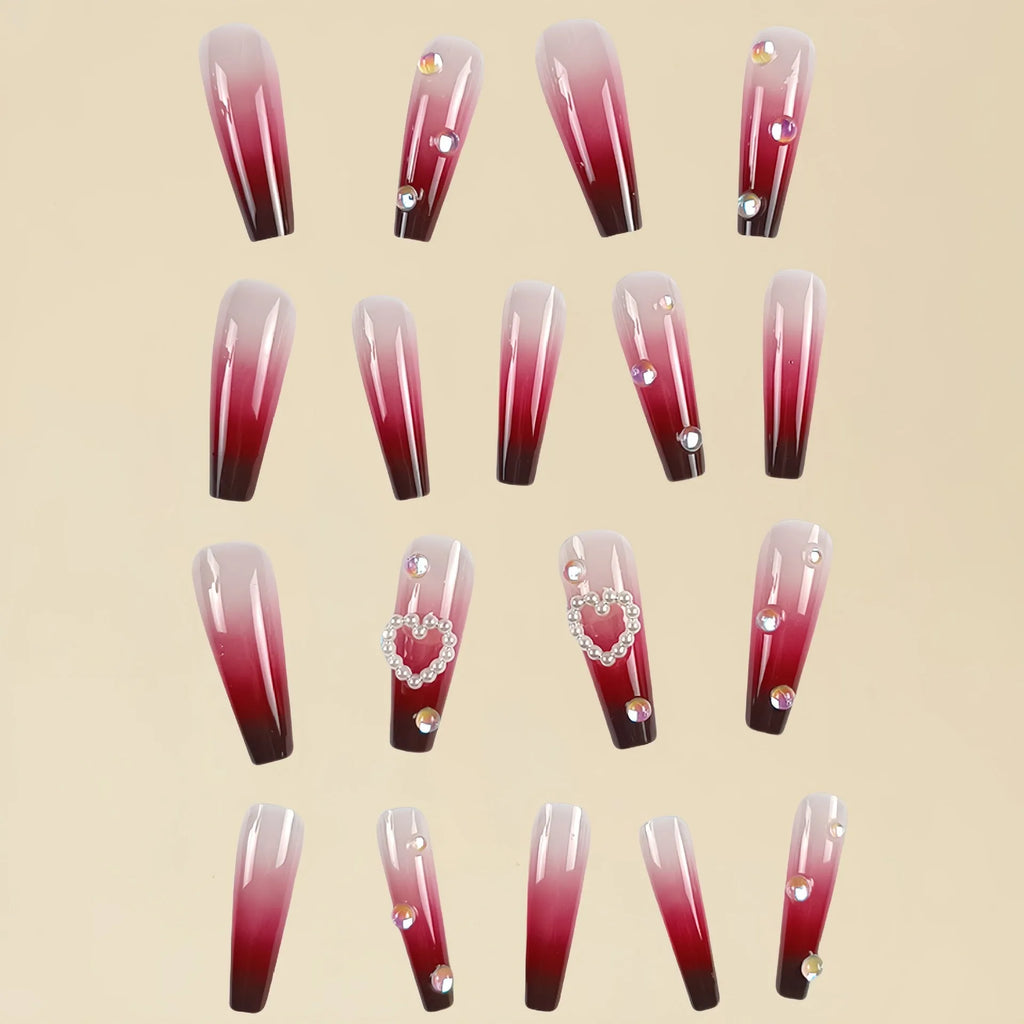 Wine red gradient plaid false nail tips with long ballet shape and jelly glue kit