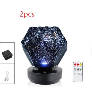 LED star projector night light showing constellation projection on a bedroom ceiling