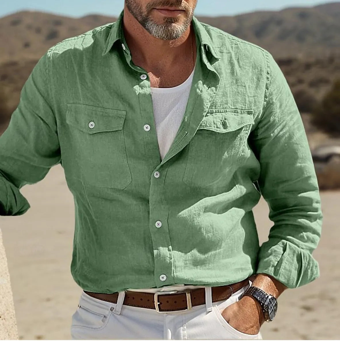 Men's long sleeve cotton linen summer shirt in loose fit available in green, sky blue, khaki and white colours