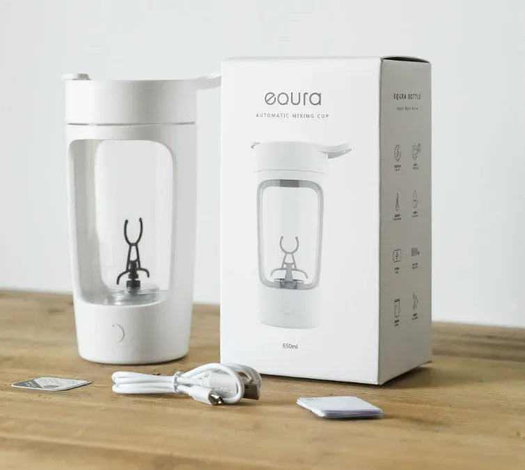 Portable rechargeable blender cup in white, showing cup and motor base, with 650ml capacity mark