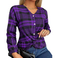 Women's purple, grey, and red plaid casual shirt with regular sleeves on a hanger.