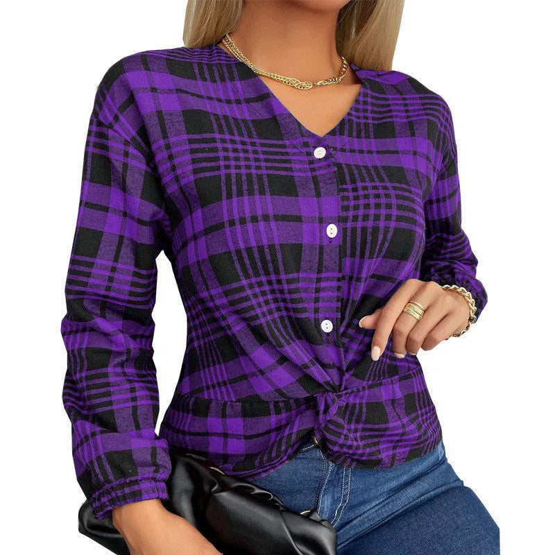 Women's purple, grey, and red plaid casual shirt with regular sleeves on a hanger.