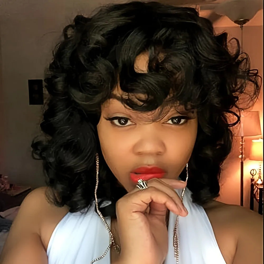 Black synthetic women's wig with long Afro curly hairstyle