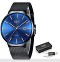 Men's stainless steel watch with a 40mm case shown in black, blue, and two-tone colour options.