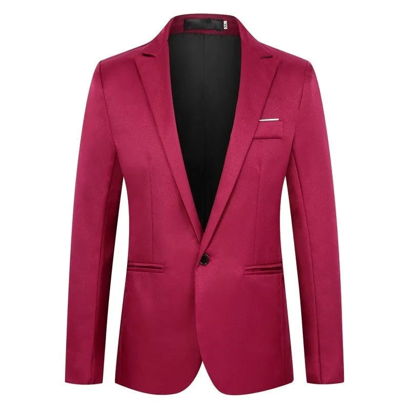 Men's loose fit acetate fibre wedding suit jacket in multiple colours on a size chart background