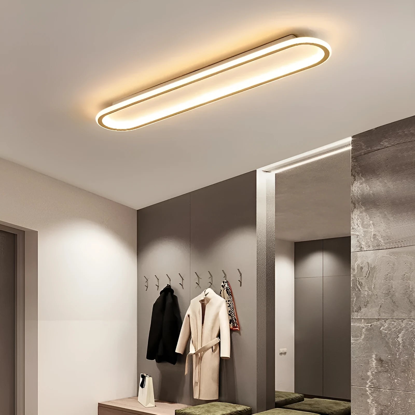 Minimalist black strip ceiling lamp with PVC shade mounted on a white ceiling