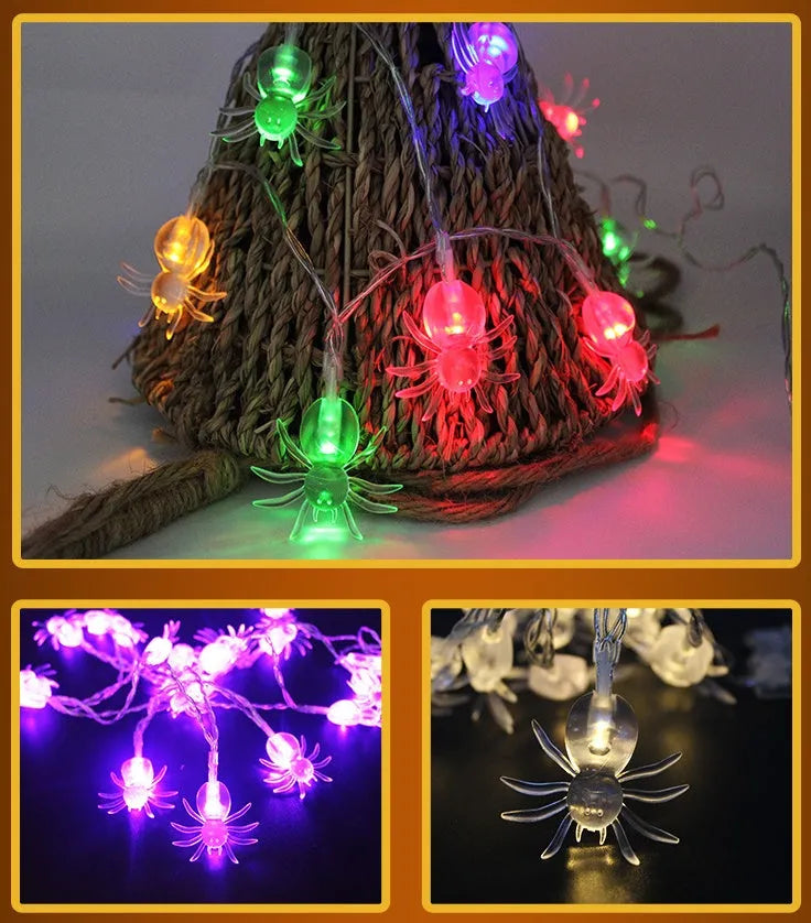 Halloween LED string lights with pumpkin, ghost, and bat pendants in multi-colour light mode