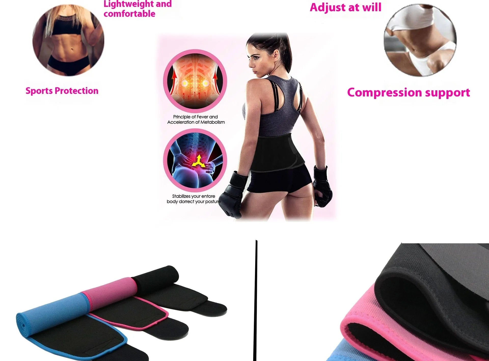 Neoprene hot lumbar support belt for adult fitness and running in black, blue and pink colours