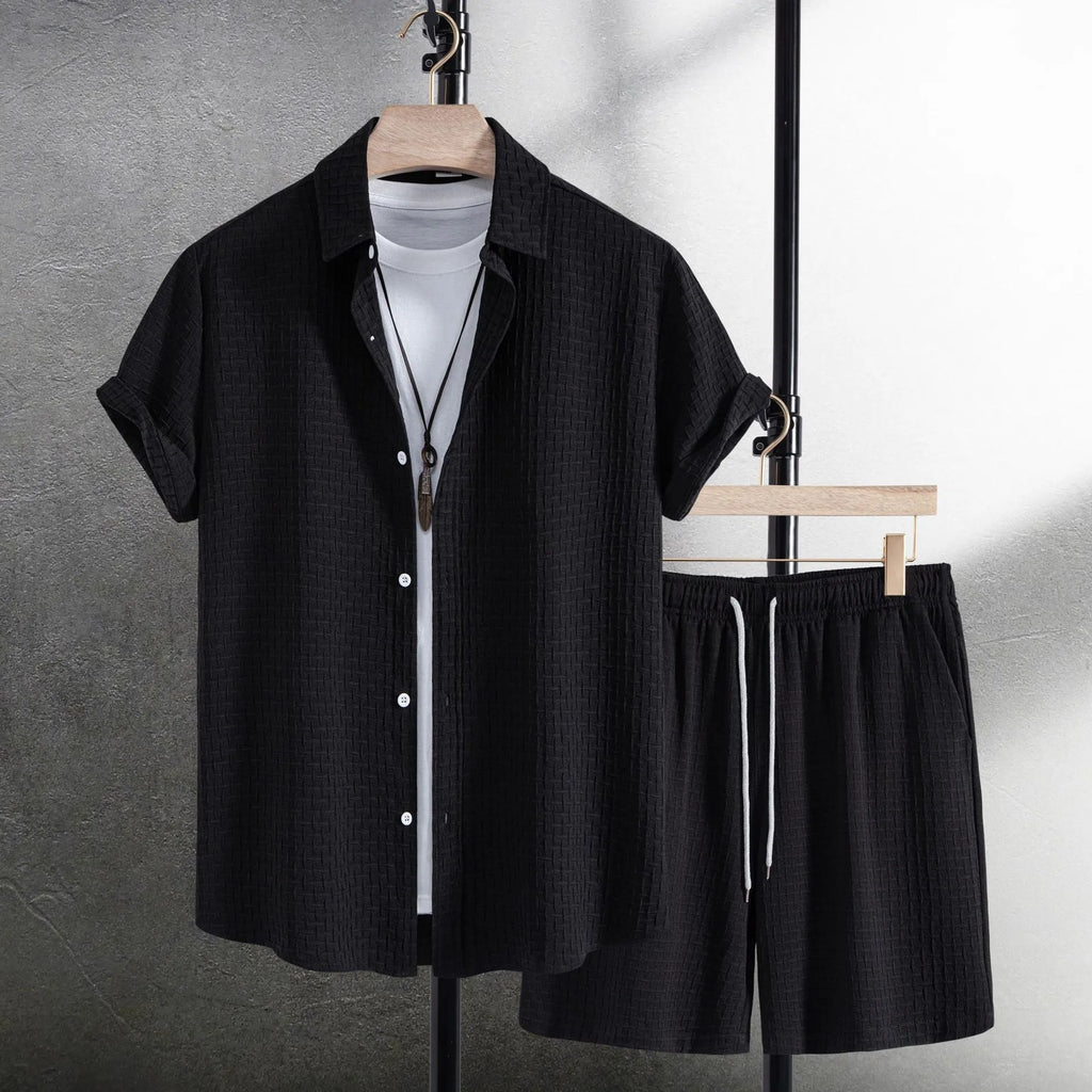 Men's black cotton blend beach shorts suit with short sleeve shirt and matching shorts